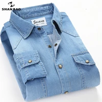 shan bao mens slim denim shirt 2021 spring high quality 100 cotton square collar pocket button fashion long sleeve shirt