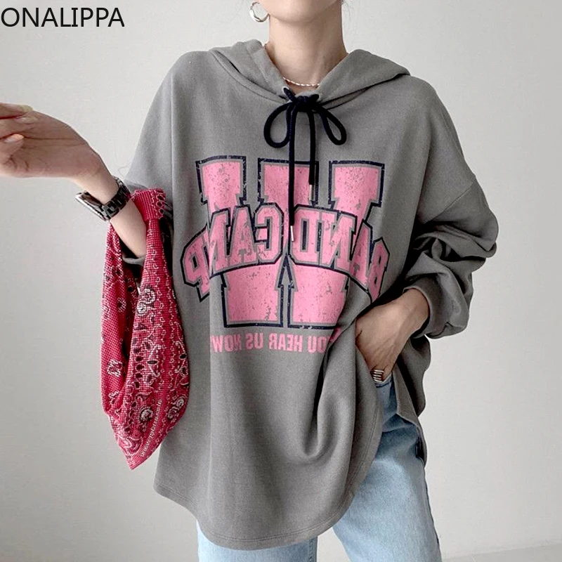 

ONALIPPA Chic Casual Hooded Sweatshirt Female Korean Personalized Drawstring Letter Print Design Loose Long-Sleeved Hoodies