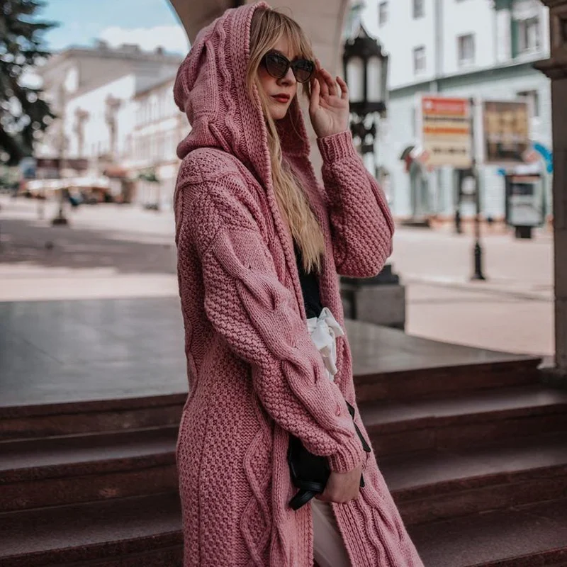 Long Cardigan Casual Lantern Sleeve Open Stitch Warm Women Sweater Winter Loose Knitted Hooded Coat Plus Size S-5XL |