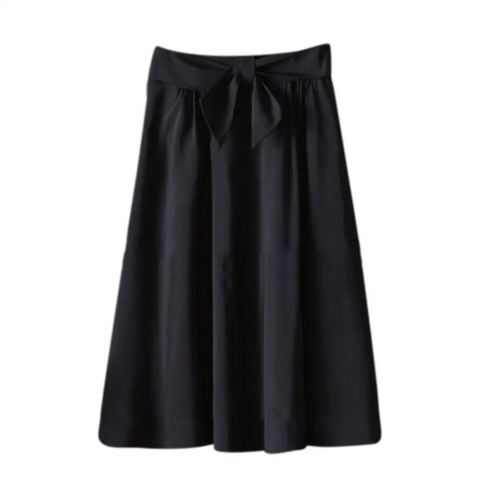 

Summer Women Casual Solid Color Bow Belted High Waist Pleated A-line Midi Skirt