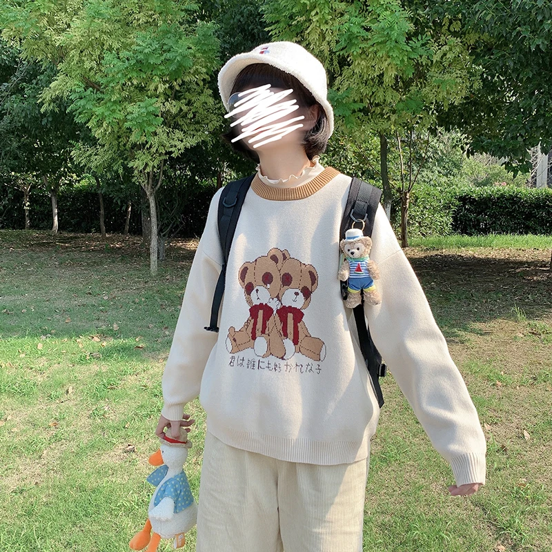 

Женский жаккардовый свитер Harajuku с милым медведем, толстый бежевый женский свитер с длинными рукавами в стиле преппи, Женский пуловер с длин...