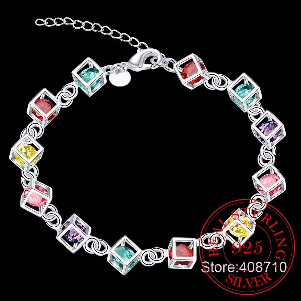 Браслет женский из серебра блестящий кристалл CZ пробы с кубиком счастья |