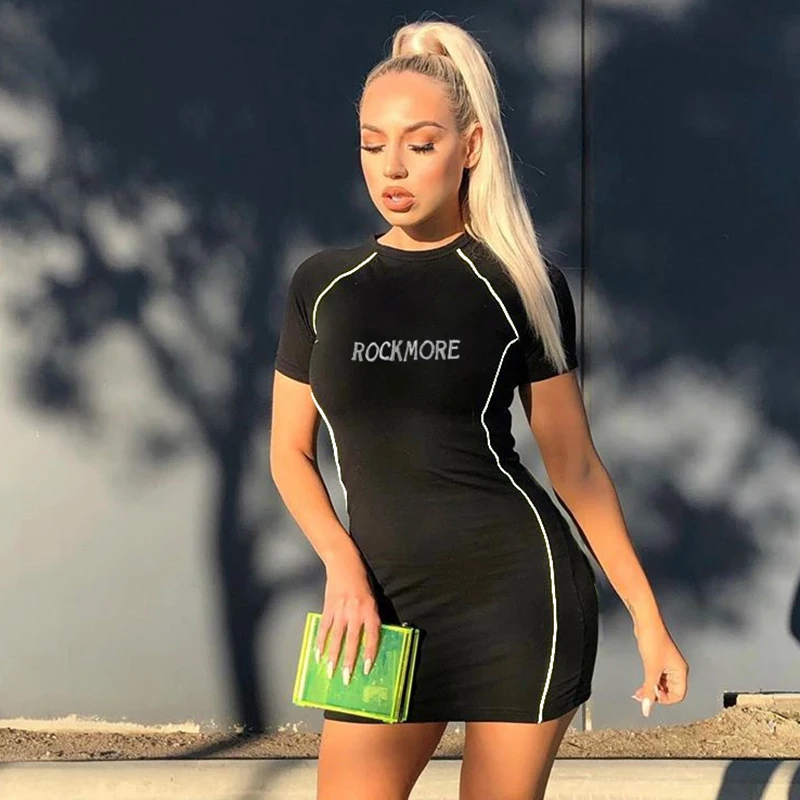 Black Dress Darlingaga светоотражающее лоскутное Ребристое белое платье для женщин короткий рукав сарафана письмо вышивка летнее платье мини vestidos - Цвет: Black Dress