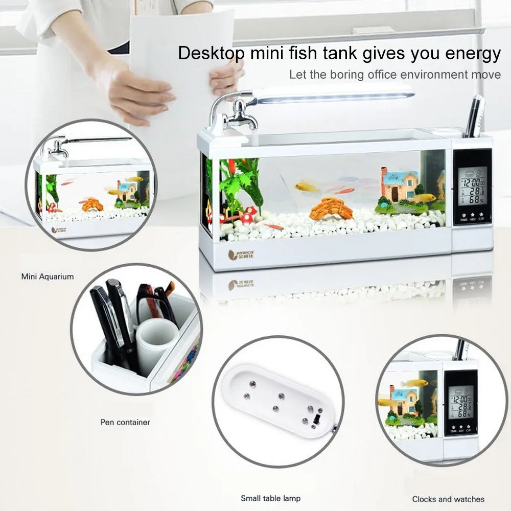 

2/2.5L Mini Fish Tank office Aquarium Home LCD Display Screen calendar &Clock acuarios escritorio Aerobic Transparent Home Decor