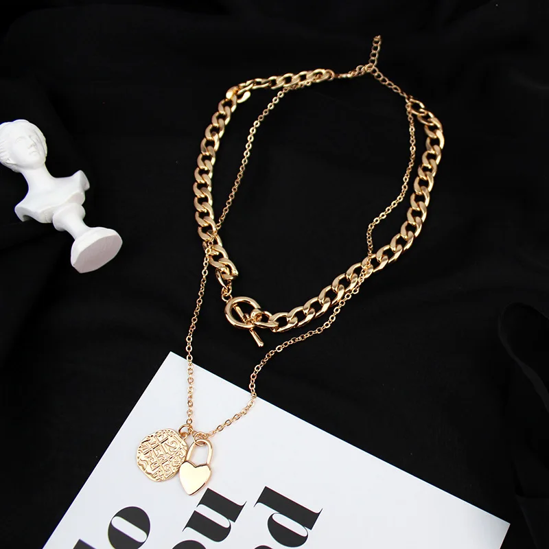 

Hiphop Portrait Love Heart Chain Pendant Necklace for Women Ladies Big Thick Chains Link Multilayer Necklaces Jewelry Collares