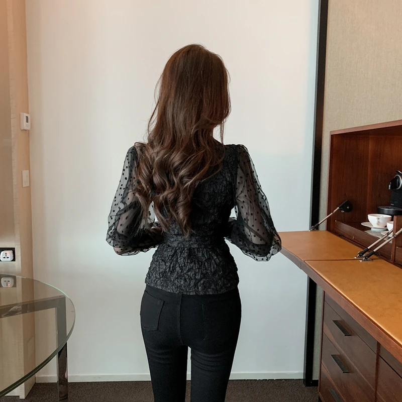 

Retro 2021 Spring Notched Collar Puff Sleeves Mesh Patchwork Cardigan Blouse Crop Top Women Draped With Belt Slim Shirt