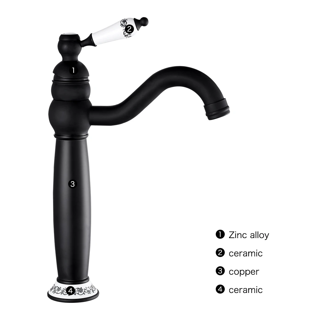 Смеситель для раковины в ванной с высокой дужкой полированный античный/Черный