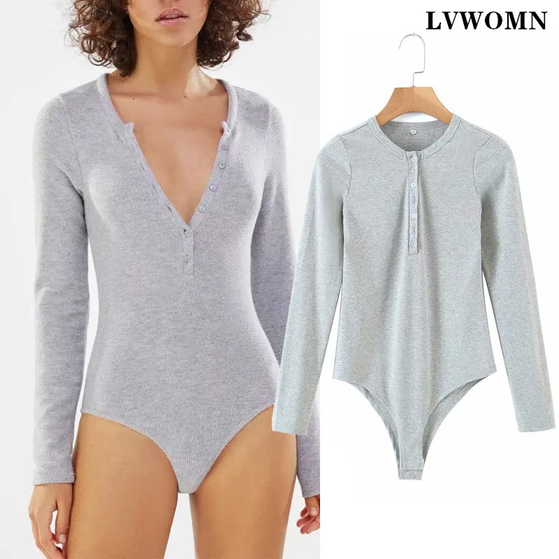 

LVWOMN Za Women 2021 Long Sleeve Knitted Skinny Bodysuit Women Winter Autumn Solid O Collar Casual Body Top Jumpsuit