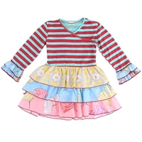 autumn and winter special solid three ruffles full sleeves floral trim 100 cotton stripes dress of baby girls