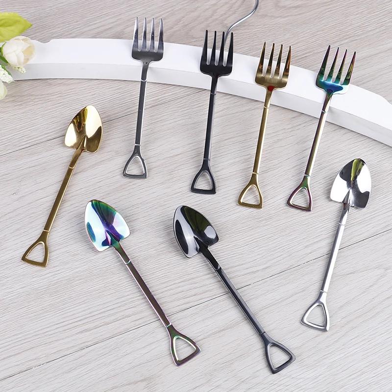 Stainless Steel Shovel Shaped Dessert Forks Coffee Tea Spoon Ice Cream Sugar Teaspoon Kids Interesting Toys Bar Home