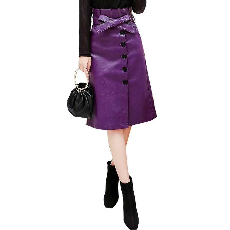 

Elengant High Waist Leather Penci Skirt Women Multi Button Wrapped Skirts Mujer Faldas Solid Pockets Femme Jupes New 2020
