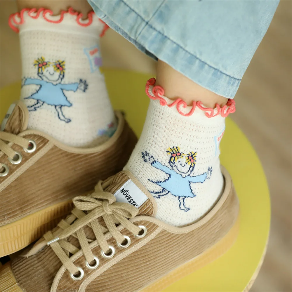 Cute cartoon girl summer mesh black fungus and combed cotton ms copy hand sewing thin socks | Женская одежда