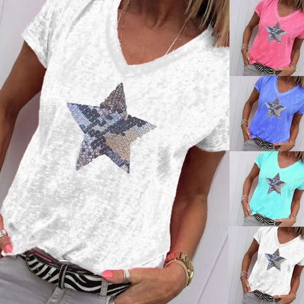 

Women's T Shirt Fashion Print Star T-Shirts Summer Casual Clothes Short Sleeve Tops Laies Tee Camisetas Verano Mujer New