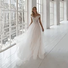 Женское атласное свадебное платье с пуговицами, трапециевидной формы, с глубоким круглым вырезом, кружевные аппликации для выреза