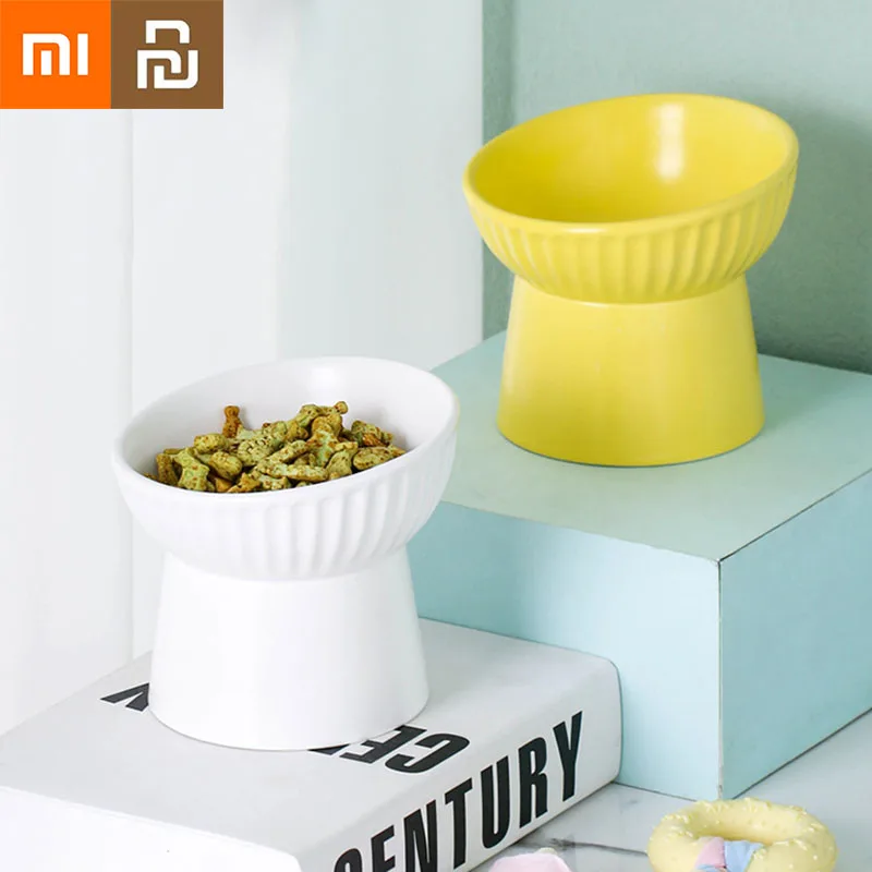 

XiaoMi Pet Bowl Cat Dog Food Water Oblique Opening Ceramics High Footed Stripe Protect Spine Anti Tipping Asakuchi Pet Supplies