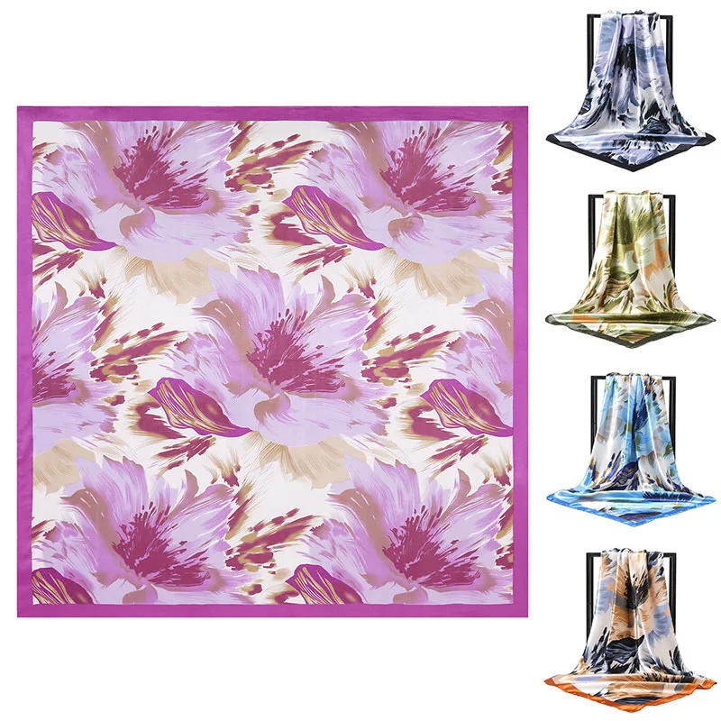 

New Arrival Women Floral Print Silk Satin Hijab Scarfs 90cm Square Shawls Spring Summer Neckerchief Scarves For Ladies