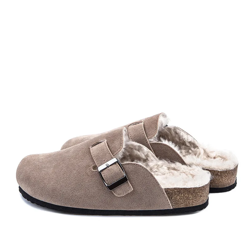 

Winter Women Faux Cow Suede Leather Mule Clogs Slippers Long Plush Warm Indoor Soft Cork Buckle Slides Footwear For Women Men