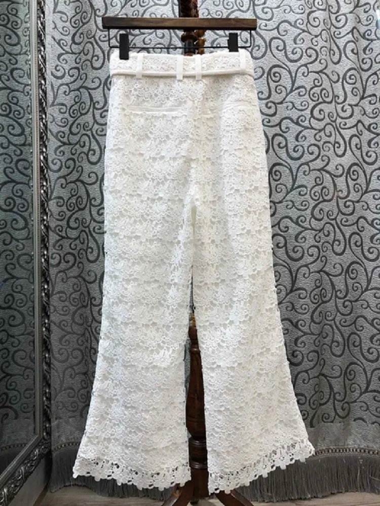 

High Quality Lace Pants 2020 Spring Summer Trousers Women Belt Deco Full Length Allover Lace Crochet Pants White Trousers Female