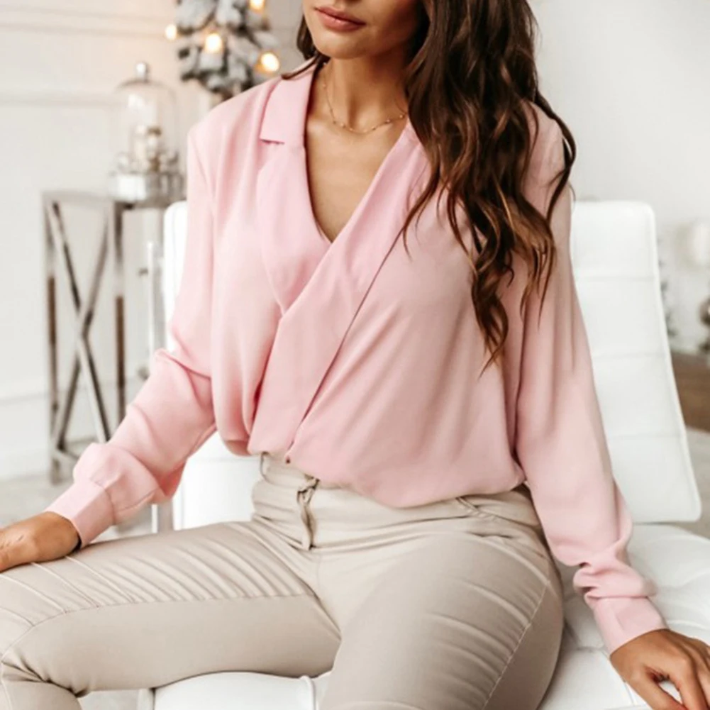 

Women Solid Color V Neck Long Sleeve Cross Wrapped Blouse Loose Office Shirt
