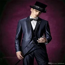 Costume de marié 3 pièces en Satin, bleu marine, à revers, veste + pantalon + gilet  (3)