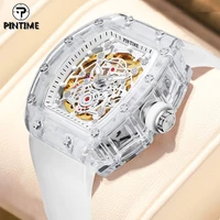 pintime luxury automatic mechanical watch men hip hop mens skeleton white watches male tonneau clock hombre relogio masculino