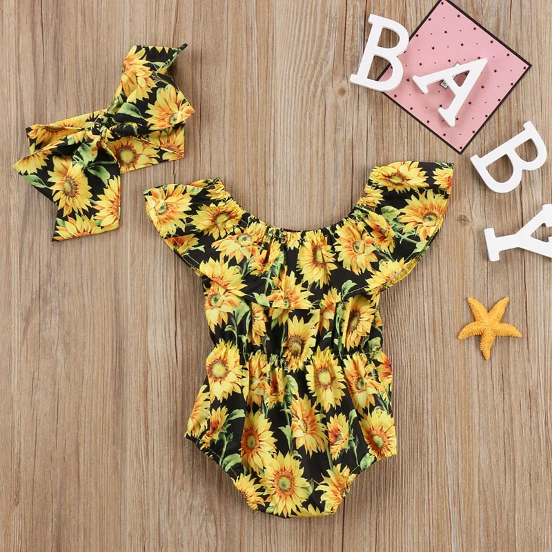 

Newborn Infant Baby Girls Flower Prtinted Sleeveless Ruffle Romper Jumpsuit Headband 2Pcs Outfits Set Clothes for 0-24Months