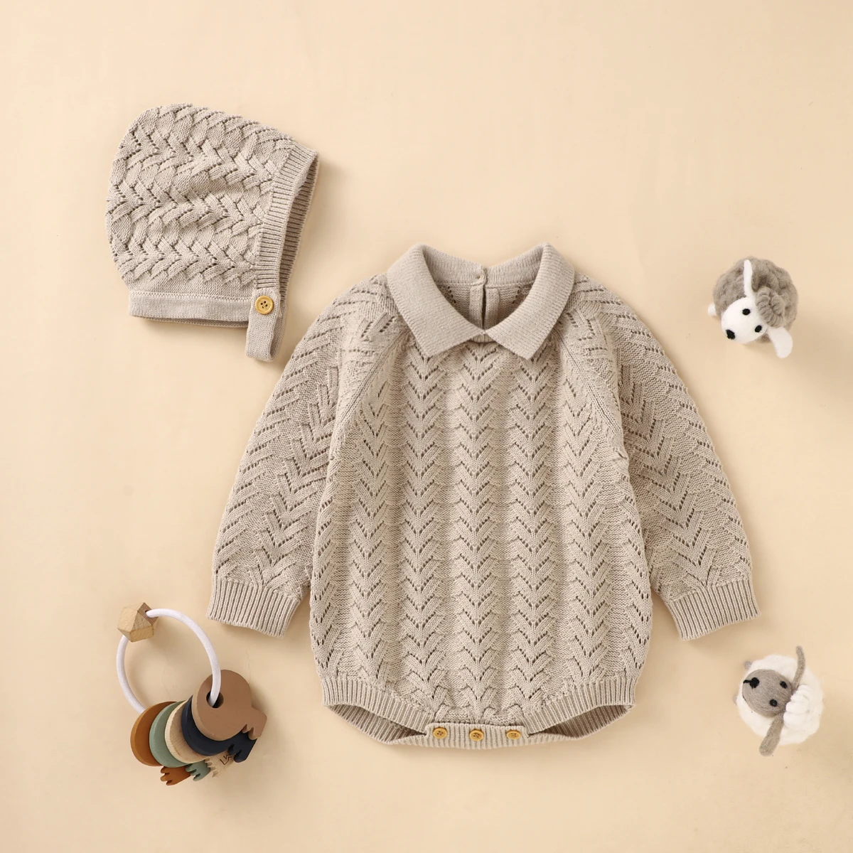 

Комбинезон для новорожденных, вязаный свитер с отворотом, комбинезон с длинным рукавом + шапочка, комплект из двух предметов, детская зимняя...