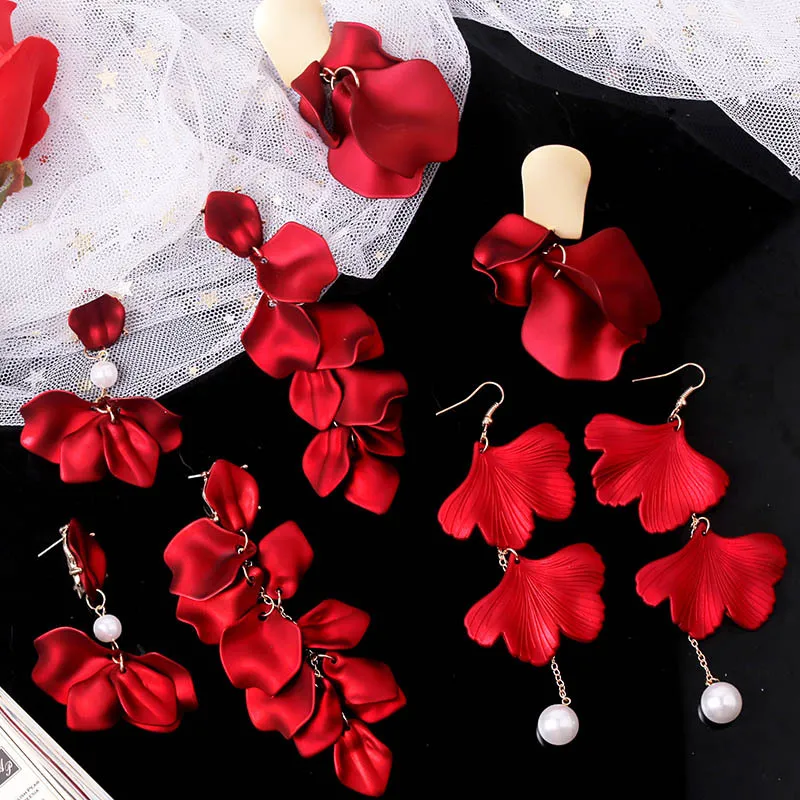 

YAOLOGE New Shiny Side New Fashion Brand Jewelry Red Rose Flower Long Dangle Earrings For Women Elegant Korean Tassel Earrings