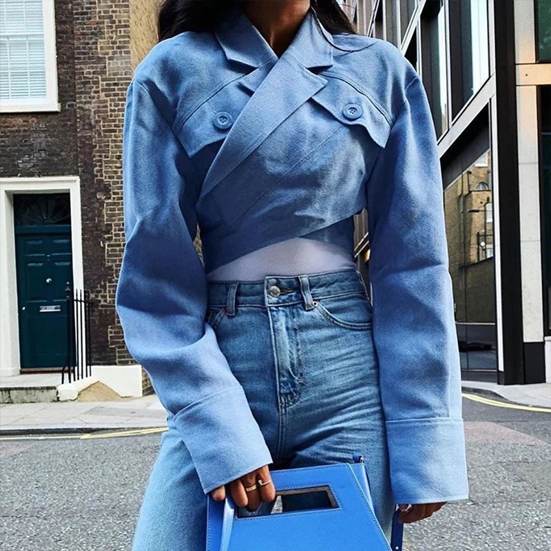 Misswim Elegant long sleeve crop top Blazer coat women Autumn buttons blazer female Cross strap fashion outwear Streetwear new