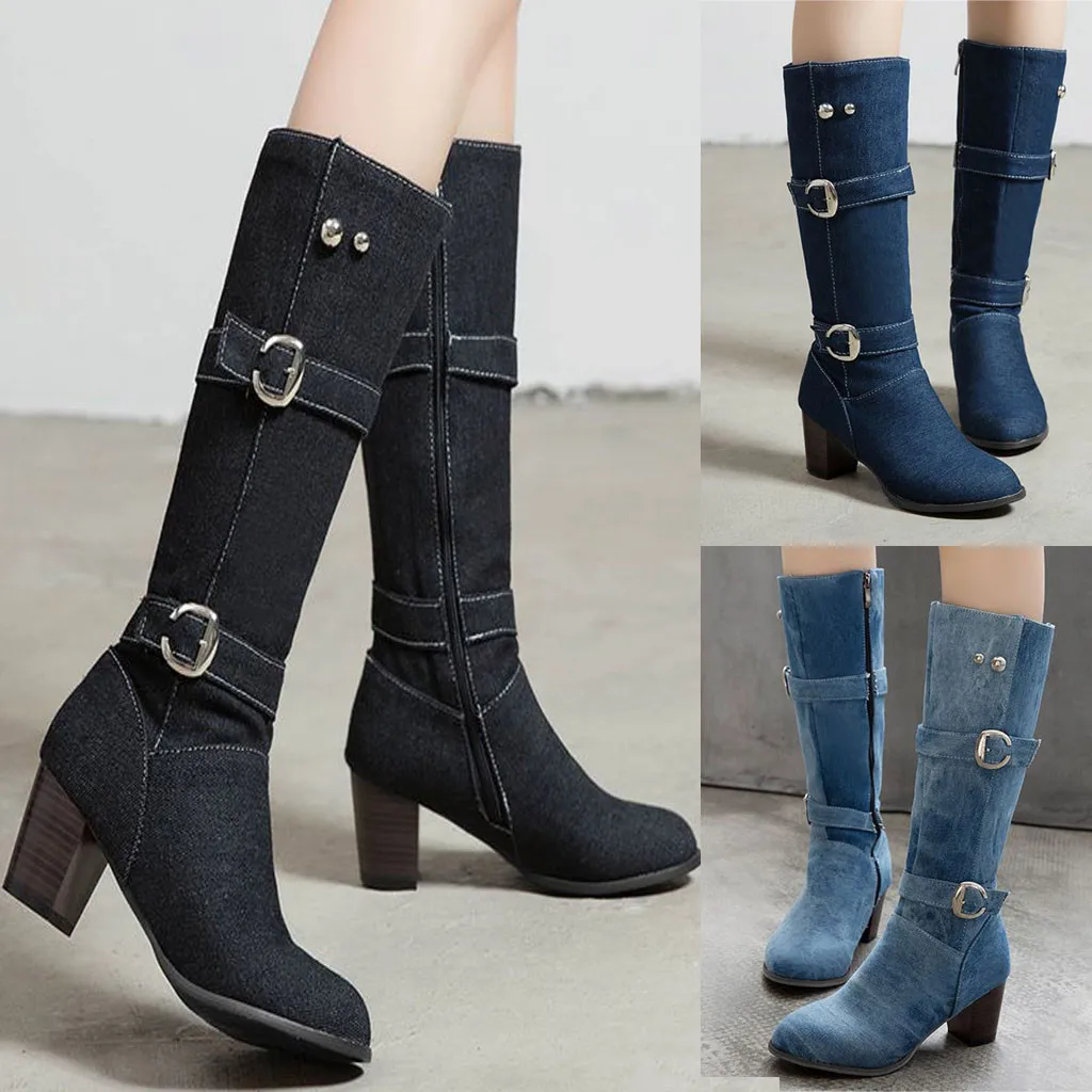 Женские джинсовые ковбойские сапоги на высоком каблуке с пряжкой и ремешком
