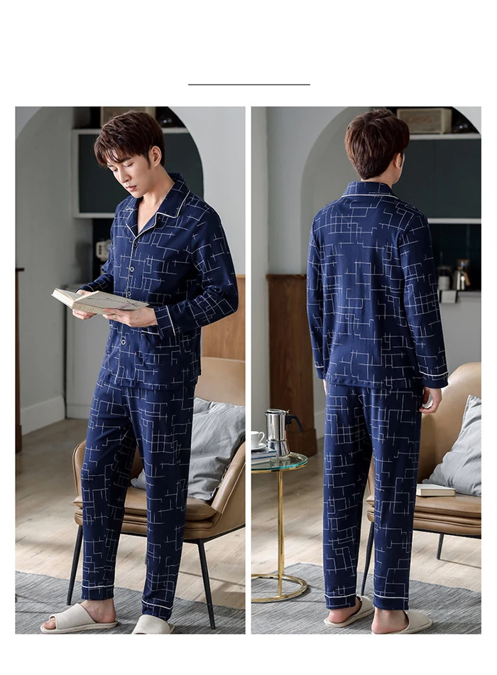 Men Pyjama Set 100% Cotton Spring Long Sleeve Print Men Pajama Suit Autumn Nightwear Collar Pijama Male Sleepwear Two Piece XXXL mens short pjs