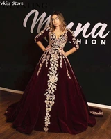 2020 satin evening dress burgundy sweep train applique lace luxury long sleeves v neck elegant prom dress robe de soir%c3%a9e