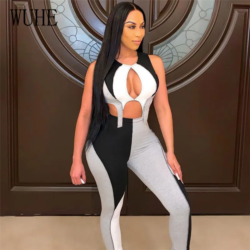 

WUHE Sports Fitness Outfits Color Contrast Patchwork O Neck Sleeveless Hollow Out Crop Top and Pencil Pants Casual Two Pieces