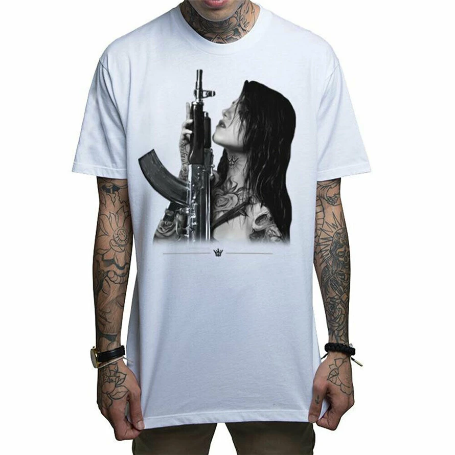 Mafioso Men'S Gunplay футболка с короткими рукавами белая татуировкой и автоматом