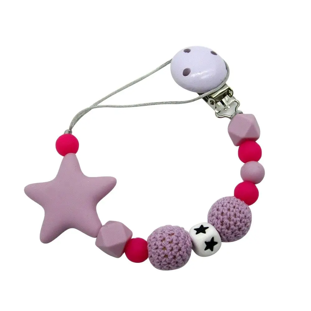 

Baby Teethers Silicone Personalised Name Baby Pacifier Clips Crochet Beads Silicone Star Pacifier Chain Holder Baby Shower Gift
