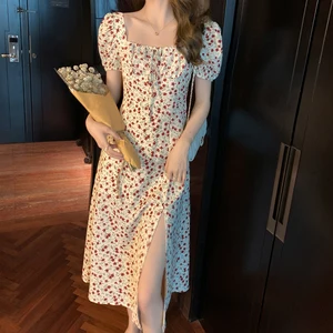 Women's Dress 2021 Summer New Women's Clothes Retro Square Neck Sexy Top Women Mini Skirt Waist Floral Chiffon Dress Women 10 item image