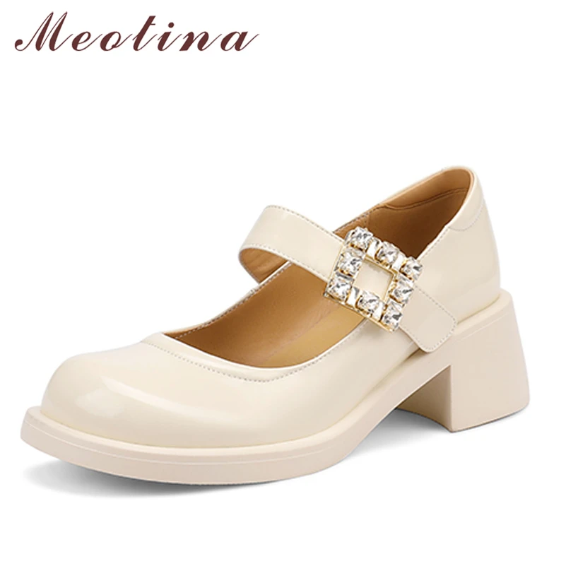 Meotina Genuine Leather Women Mary Janes Thick Heels Crystal Pumps Round Toe Hook High Heel Ladies Footwear Spring Black Beige