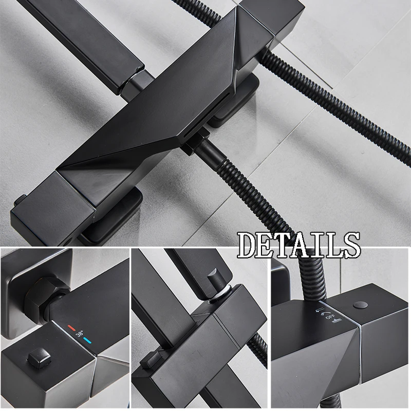 Black Thermostatic Bathroom Shower Faucet Set Rainfall 8 inch Shower Head High Quality Shower Crane Brass tub spout Mixer Taps