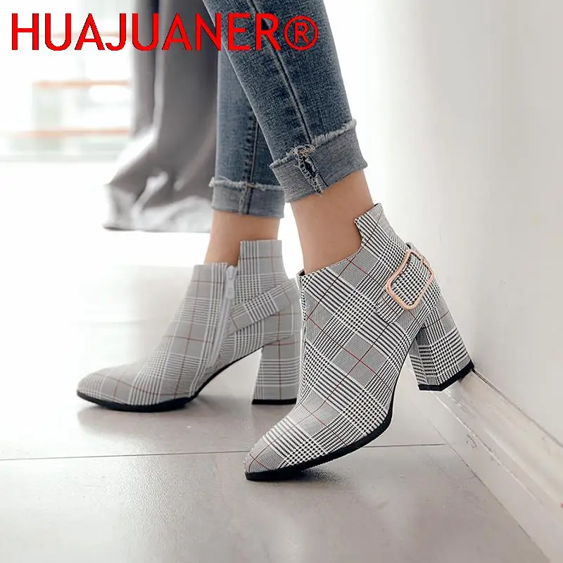 

2022 Womens Autumn Winter Boots Fashion Side Zipper buckle Thick High Heels Ankle Boots Casual Plaid Pointed Toe Botas Mujer