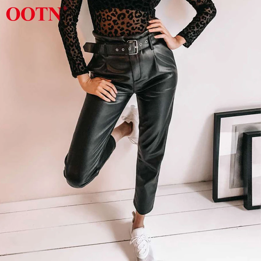 Женские брюки с высокой талией OOTN черные повседневные из искусственной кожи
