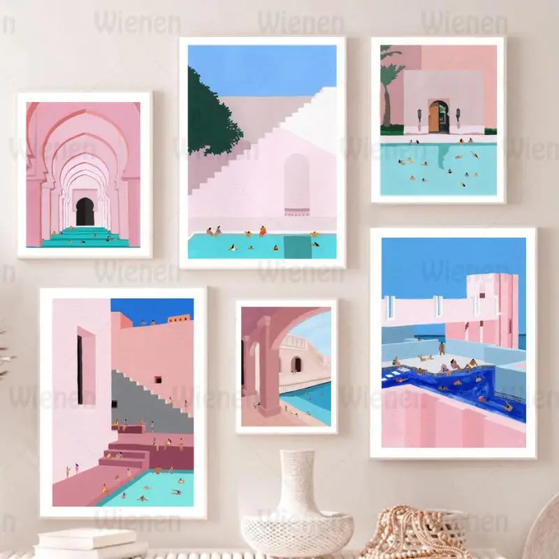

Islamic Architecture Wall Art Swimming Pool Moroccan Arch Gate Modern Poster Prints Canvas Painting Living Room Decor Home Decor
