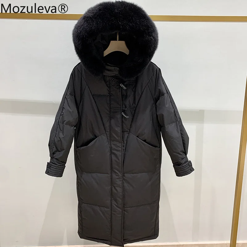 Женский пуховик с роговой пряжкой средней длины выше колена зимний воротник из