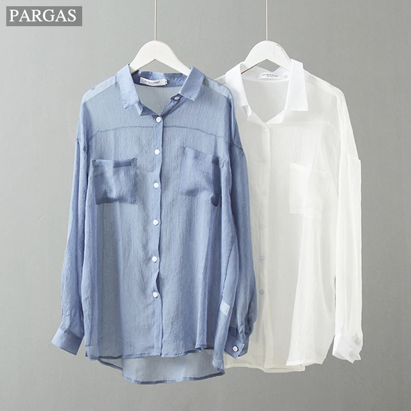 2020 lucency sunscreen shirt thin Blouse Shirt Women Summer Top long sleeve chiffon | Женская одежда