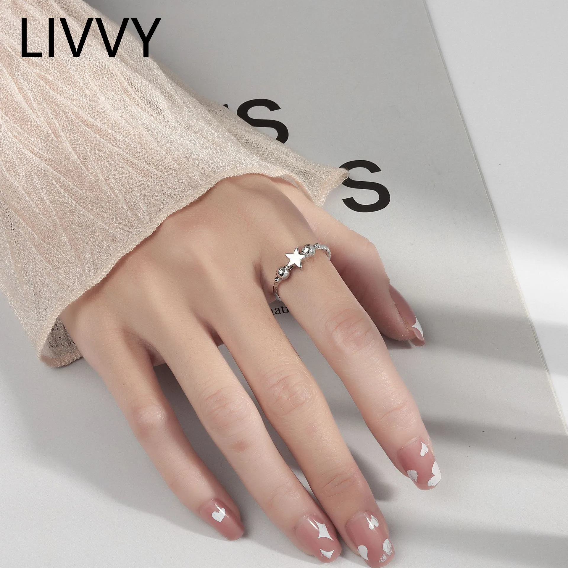 

LIVVY 2021 Silver Color Rotate Freely Round Beads Star Shape Open Adjustable Ring for Women Men Fashion Jewelry Gift