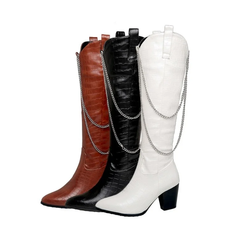 

Women's Boots Pu Modern Boots Autumn Winter Warm High-heels Knee-High Pointed Toe Square Heel Zip Adult 2021 New Fashion White