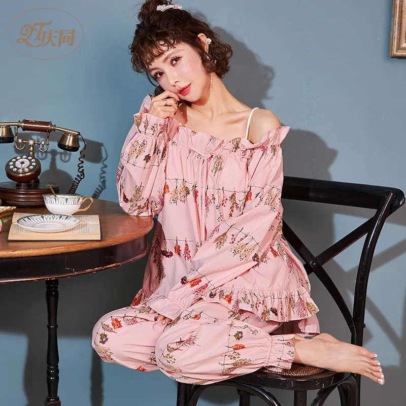 

Womens Spring Pure Cotton Long Sleeve Pajamas Two-Piece Set Loose-Fit Off-Shoulder Cute Thin Pyjamas Sexy Printing Home Clothes