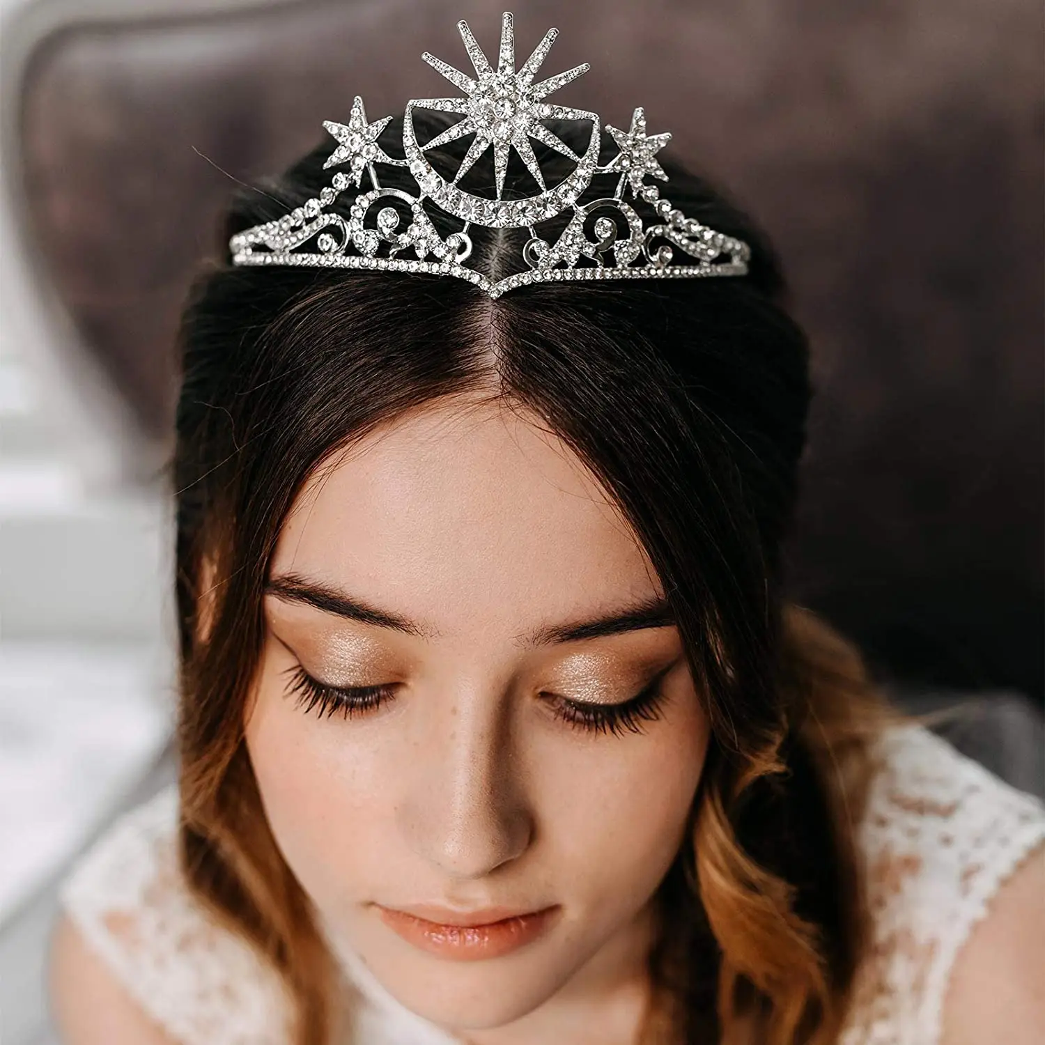 

Luxury Bride Star Moon Queen Crystal Crown Wedding Hair Accessories For Bridal Headwear Tiaras and Crown Party Prom Headbrand