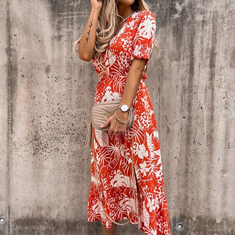 

Summer Floral Print Dress Women V Neck Side Slit Long Dress Elegant Short Sleeve Button Slim Spring Female Party Dress Vestidos