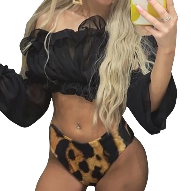 Sexy Green bikini set Swimwear Women Mesh long sleeve swimsuit female High waist bikini Snake printed Bathing suit Mujer