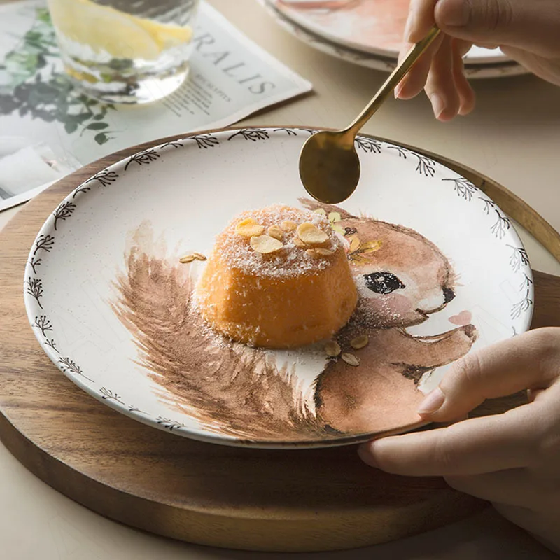 

Керамическая тарелка в стиле ретро, настольная тарелка с милыми животными для западных стейков, кружевное украшение, десертный органайзер, ...